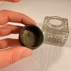 Antique Glass Inkwell Square Hobnail Base Embossed Floral Metal Lid Victorian