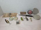 Vintage Fishing Tackle Box Lot 13 Pieces Lures Tins Lines Knife Retro 50 s Etc