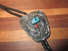 Vintage Genuine Turquoise   Coral Silver Toned Hawk Locking Clasp Bolo Tie