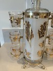 Vintage Cocktail Set  Gold Leaf Decanter  6 Shot Glasses With Caddy