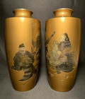 8  Meiji Bronze Japanese Immortals Vases Signed Vtg Lucky Gods Metal Engrave Art