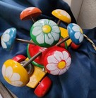 Vintage 1970s Greek Kouvalias Wooden Pull Toy Colorful Mushroom Look W bell 