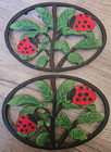2 Vintage Cast Iron Oval Trivets Ladybug Design  9  X 6   Matching Set 