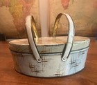 Vintage Oval Tin Handled Box Basket Sewing Craft Lunch Cookie Bread Container