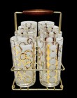 Set Of  8  Vintage Mcm High Ball 10oz Glasses Frosted With Gold Circles   Caddy
