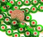 Flat Glass Millefiori Beads  10mmx4mm  Green  White   Red  Gloss Finish  20 Pcs
