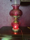 Vintage Fenton Hurricane Gwtw Style  Cranberry Pressed Glass 3 Way Lamp Grapes