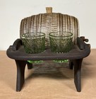 Vintage Mcm Barrel Whiskey Decanter 4 Uranium Green Federal Glass Shot Glasses