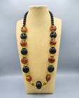 Deco Amber Swirl Black Green Bakelite Graduated Bead Necklace 32  Tested 223g