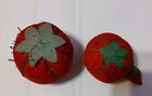 Lot 2 Vtg Sewing Red Fabric Tomato Pin Cushions 1 W strawberrie Green Tops Japan