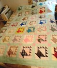 Antique Aqua Feedsack Hand-sewn Triangle Basket Quilt 80 x66  Repair  Stacker 