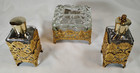 Vintage Vanity Set Perfume Powder Hollywood Regency Ormolu Filigree Gilt 3 Pc
