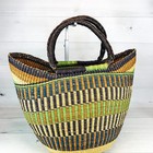 Bolga Woven Basket U Shape Tote Bag W Leather Handles 18 X 13 X 10 Green Brown