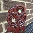 Vintage New Zealand Maori Tiki Teko Hand Carved God Figure Wood Abalone Eyes