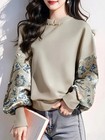 Elegant Women Blouse Long Lantern Sleeve Mandarin Collar Loose Chinese Style Top