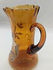 Antique Hand Blown Hand Painted Floral Amber Glass Ruffled Pitcher 1890-1900