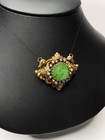 Vtg Carved Peking Glass Faux Jade Grn Floral Brooch Ornate Filigree Art Nouveau