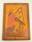 Vintage Wooden Wood Female Figure Playing Harp Colored Wood Inlay Wall Decor 14 