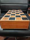 Vintage Wooden Folding Chess Set With Brass   Silver Metal Pieces Blue Velour   