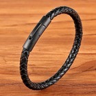 Men Leather Bracelet Simple Black Stainless Steel Button