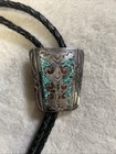 Vintage Western  Native Bolo Tie  Sterling Silver Turquoise coral Stone  Leather