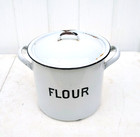 Vintage Enamelware Metal Flour Canister White  Black Letters Farmhouse Kitchen