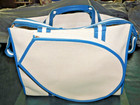 Mark   Graham Preppy White navy Stripe Tennis Racquet    Pickle Ball Canvas Tote