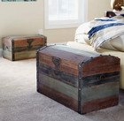 Large Wooden Storage Trunk Weathered Wood Paint Finish Hinged Lid Metal Accents