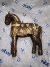 Antique Hand Carved Wood Armored Horse Hammered Copper Brass Inlay Folk Wooden