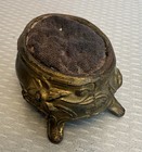 1900 Antique Art Nouveau Pin Cushion Gilt Metal Footed Floral Worn Velvet 2 