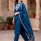 Elvora International Teal Blue Rayon Slub Kurta Pant Dupatta Set Embroidered