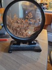 Antique Asian Chinese Carved Cork Artwork Diorama Temple Cranes Trees Wood Glass