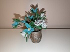 Vintage French Glass Beaded Flower Bouquet In Small Metal Vase Made In Egypt 6 