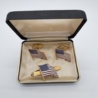 Vintage Us American Flag Enamel Cuff Links Tie Tack Usa Unbranded Gold