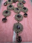 Vintage Czech   Art Deco Era Brass Filigree Purple Glass Bib Necklace 20   