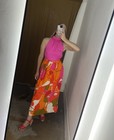 Rare Vintage 1960s Hawaiian Kamehameha Day Glo Barkcloth Halter Maxi Dress Xs