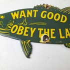 Vintage Fishing Obey Law Sign - Fish Wildlife Signage Porcelain Gas Pump Sign