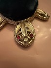 Vintage Gold Ormolu Turtle Green Velvet Pin Cushion With Red Rhinestone Eyes