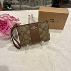 Coach Corner Zip Wristlet In Signature Canvas Brown  Tan  Gold  With Box     new   