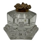 Antique Solid Cut Glass Inkwell With Art Deco Styled Brass Top Vintage