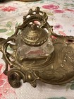 Vintage Glass Inkwell W  Lid   Brass Ornate Art Nouveau Footed Table