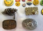 Vintage Grandpa s Junk Drawer Belt Buckle Tin Cup Souvenir Pins Pens Patches Lot