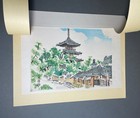 Vintage Original Japanese Pagoda Temple Watercolor Painting On Silk   Signed