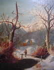 Antique 19th C Folk Art Primitive Winter Landscape With Figure