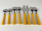Vintage Set Of 8 Oxford Hall Plastic Yellow Handled Stainless Mcm Flatware Japan