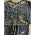 Vintage Black Floral Embroidered Beaded 2 Piece Set Crochet Lace Top Pants L