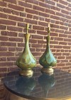 Pair Of Vintage Mid Century Modern Ceramic Earthy Green Drip Glaze Table Lamps