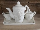 Vintage Porcelain Miniature Tea Set 10 Piece Bisque White Roses Diamond Pattern