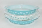 Vintage Pyrex Lot Turquoise White Snowflake Divided Casserole Dish Set 3pc Nice 
