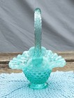 Fenton Glass Blue Opalescent Hobnail 6  Basket Ruffled Edge Vintage